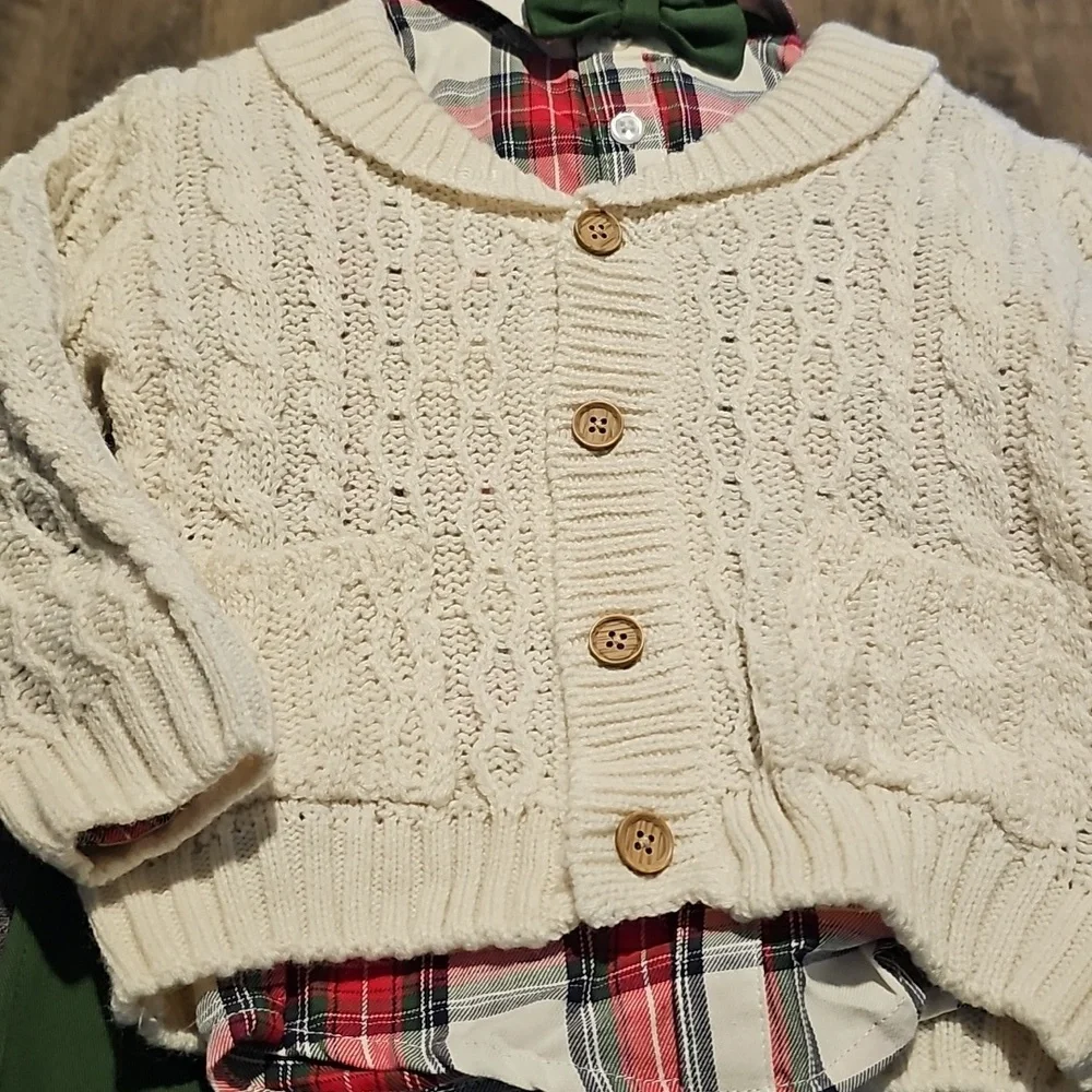 NWT 3 Piece Plaid Shirt Cream Sweater Green Pants Set Tie Little Lad Boy Toddler